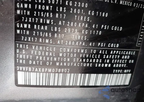 2023 Volkswagen Tiguan 2.0T S из США, поврежденный, VIN 3VVFB7AX8PM078902